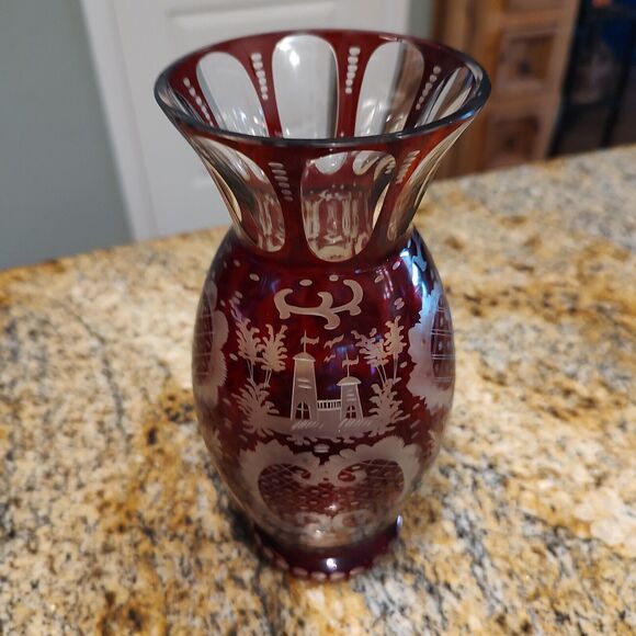 Vintage Egermann Czech Bohemian Cut to clear Ruby Red Glass Flower Vase - Picture 3 of 3